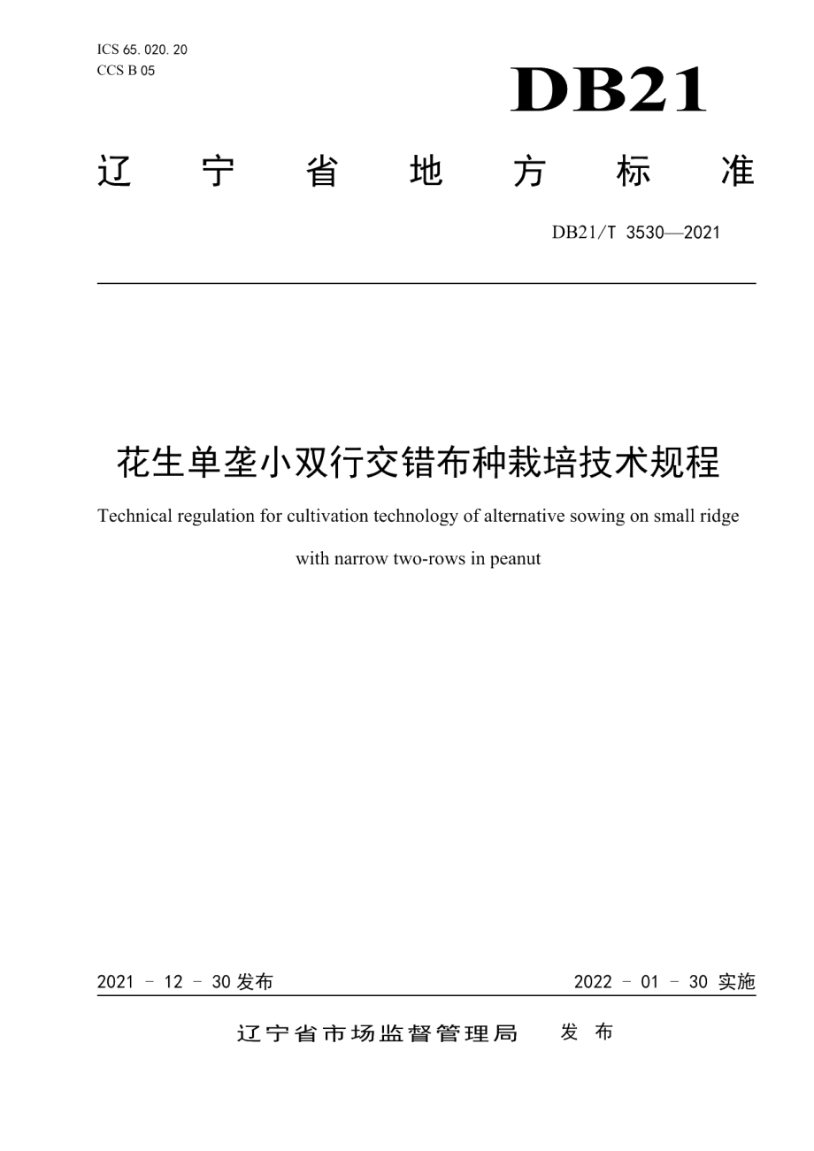 DB21T 3530-2021花生单垄小双行交错布种栽培技术规程.pdf_第1页