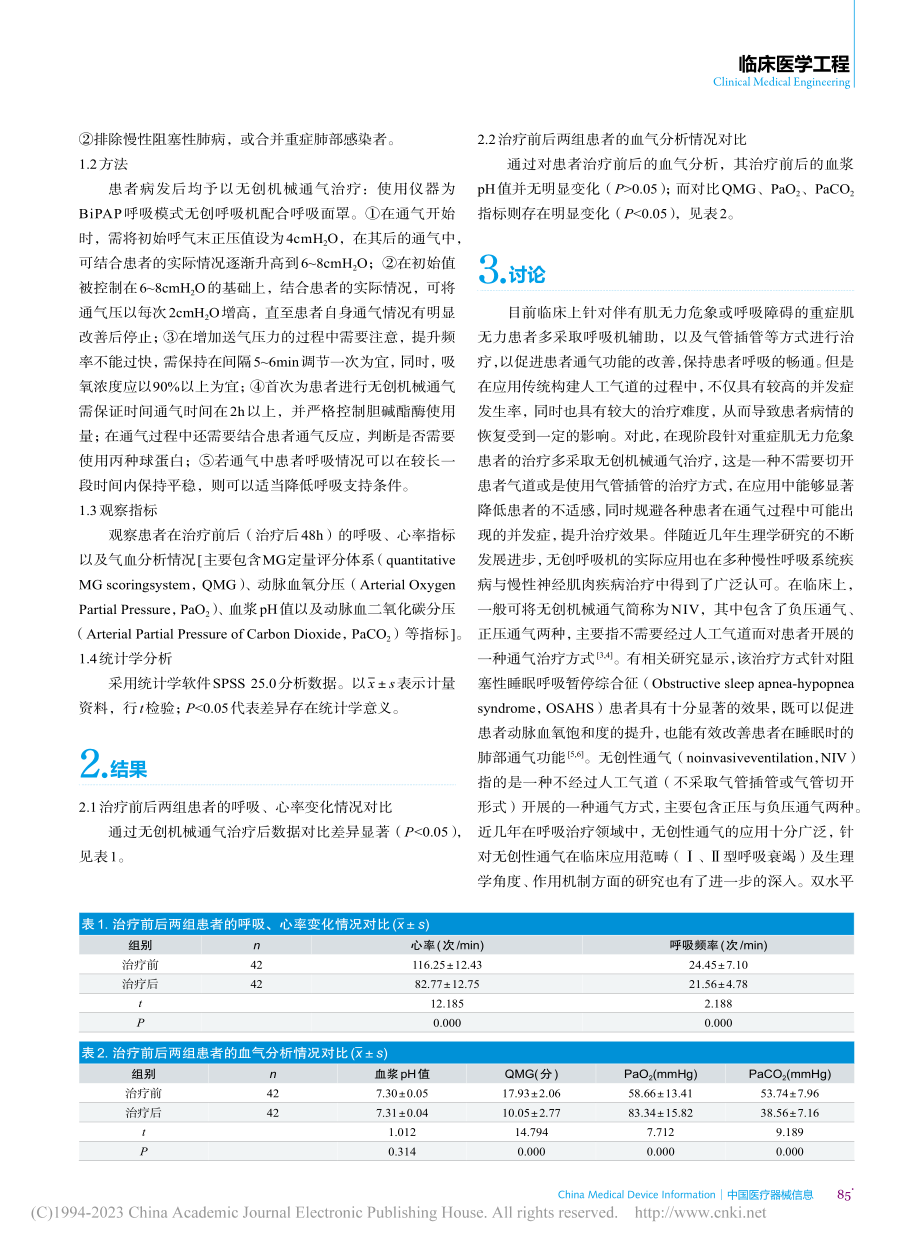 重症肌无力危象治疗中无创机械通气的应用价值_关宇.pdf_第2页