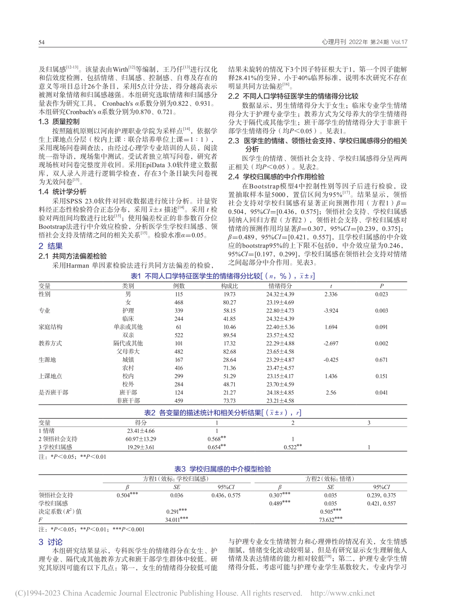 专科医学生学校归属感在领悟...支持对情绪影响中的中介效应_兀巍.pdf_第2页