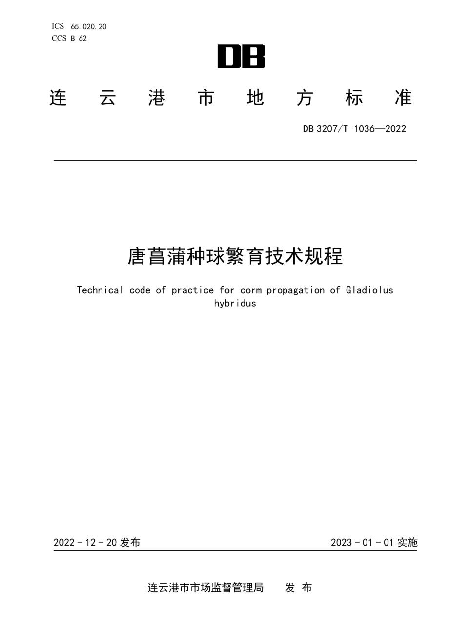 DB3207T 1036—2022唐菖蒲种球繁育技术规程.pdf_第1页