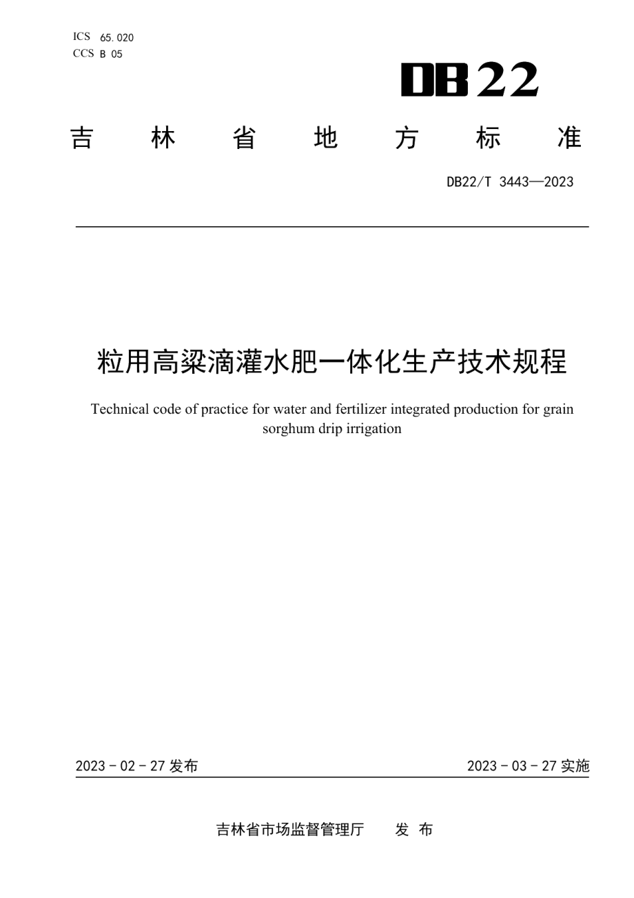 DB22T 3443-2023粒用高粱滴灌水肥一体化生产技术规程.pdf_第1页