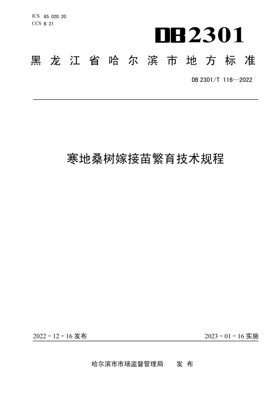 DB2301T 116-2022《寒地桑树嫁接苗繁育技术规程》.pdf_第1页