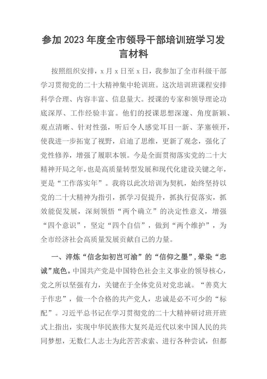 参加2023年度全市领导干部培训班学习发言材料 .docx_第1页