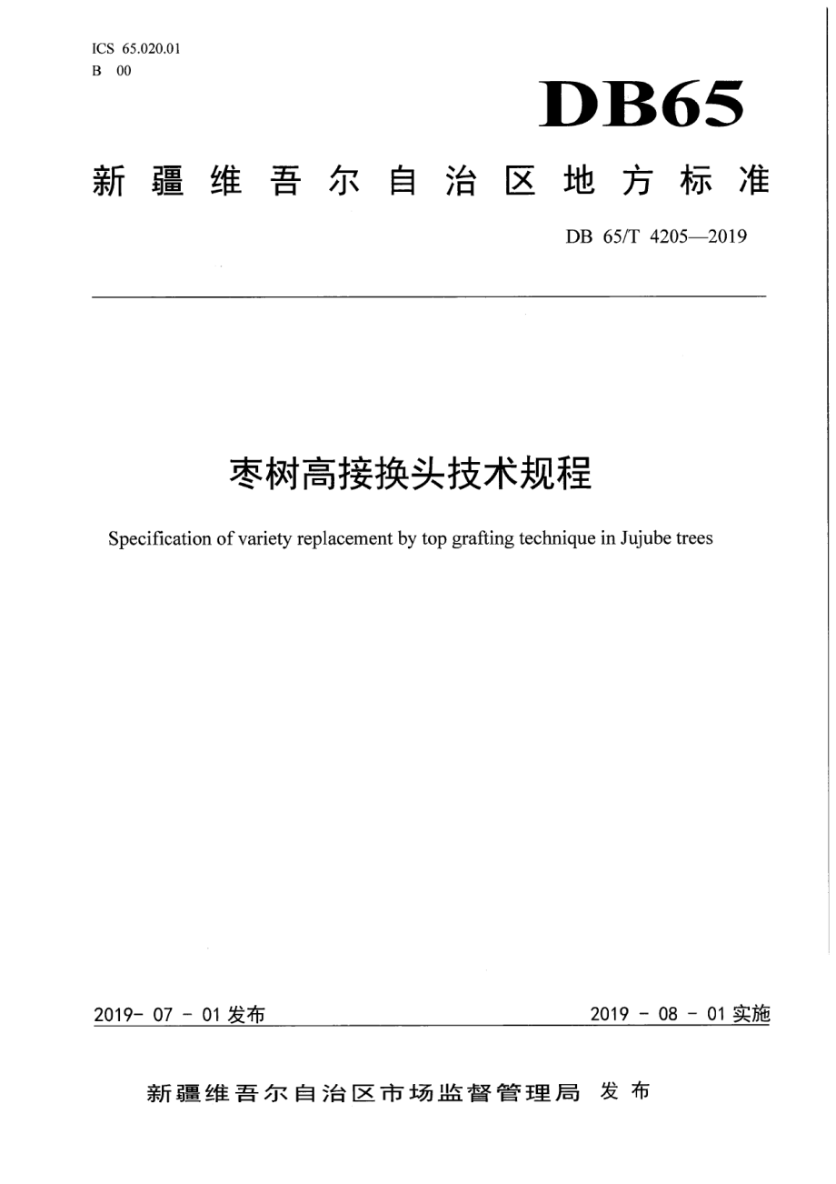 DB65T 4205-2019枣树高接换头技术规程.pdf_第1页