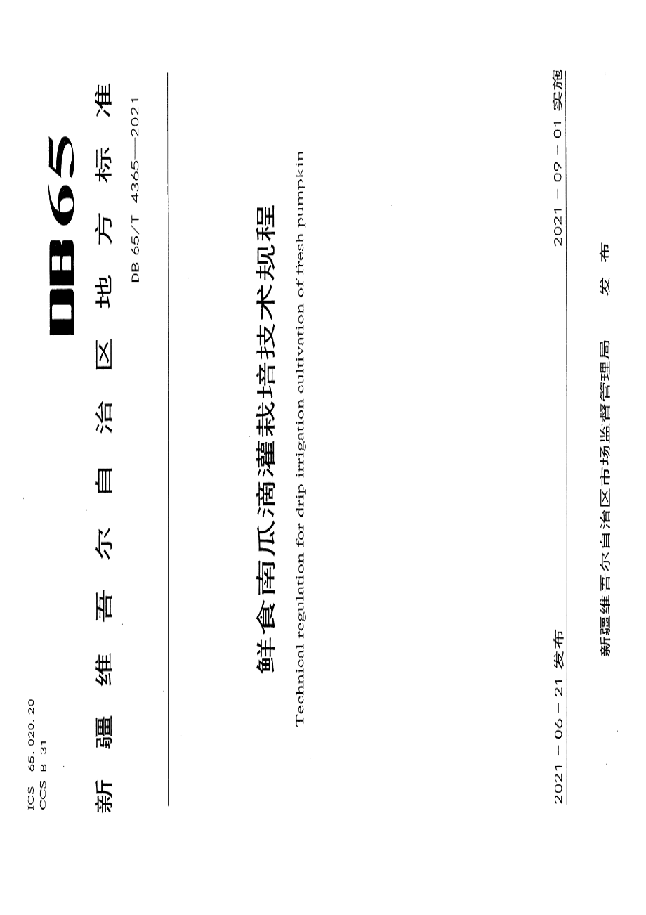 DB65T 4365-2021鲜食南瓜滴灌栽培技术规程.pdf_第1页