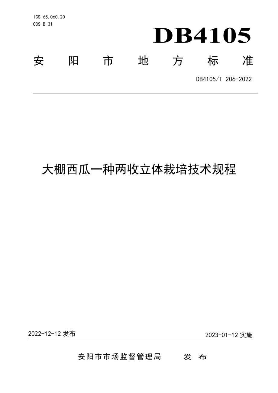 DB4105T 206—2022大棚西瓜一种两收立体栽培技术规程.pdf_第1页