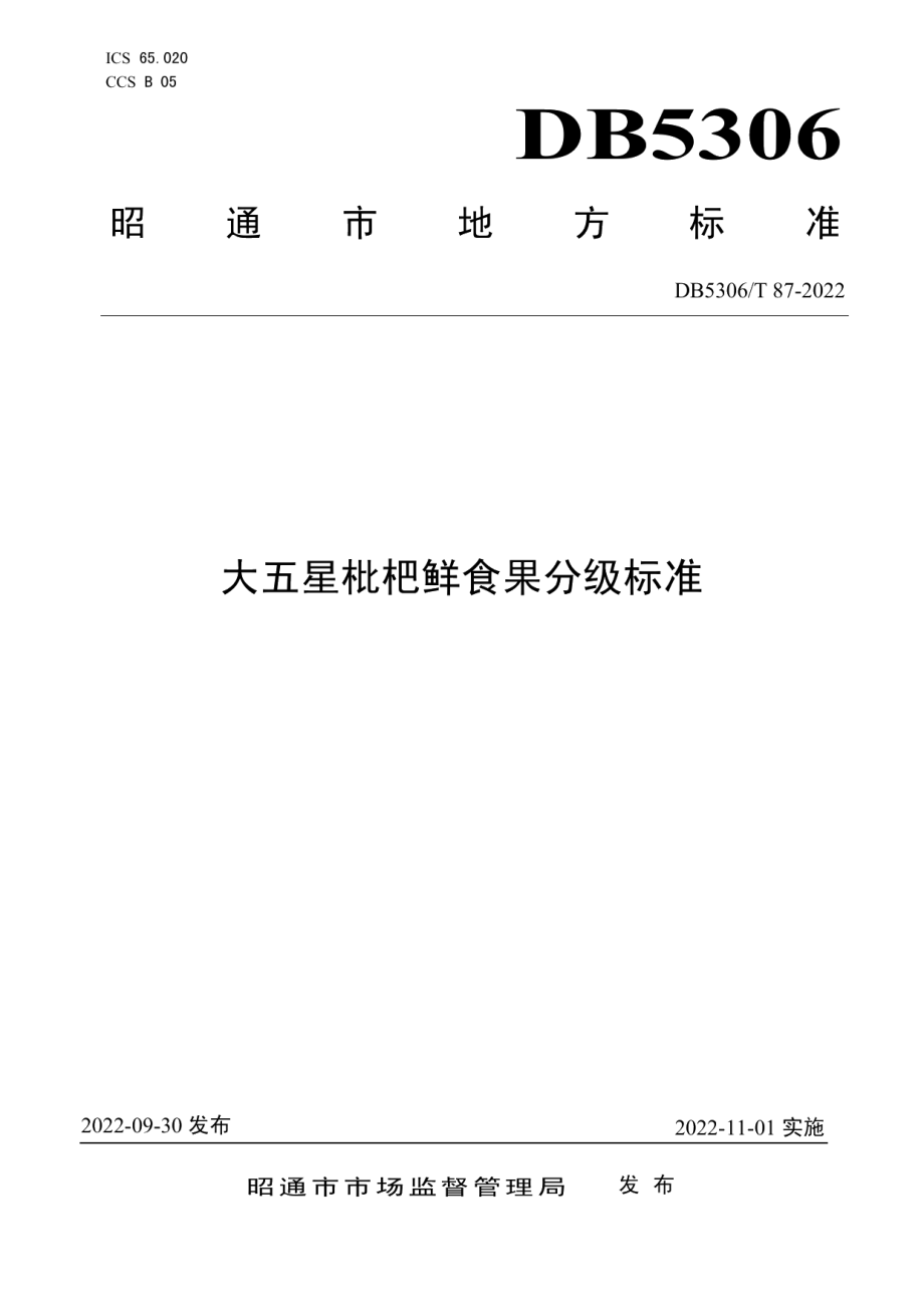 DB5306T 87－2022大五星枇杷鲜食果分级标准.pdf_第1页