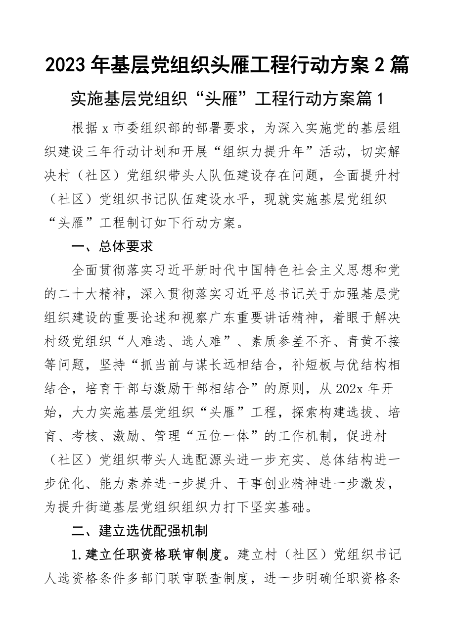 2023年基层党组织头雁工程行动方案2篇 .docx_第1页