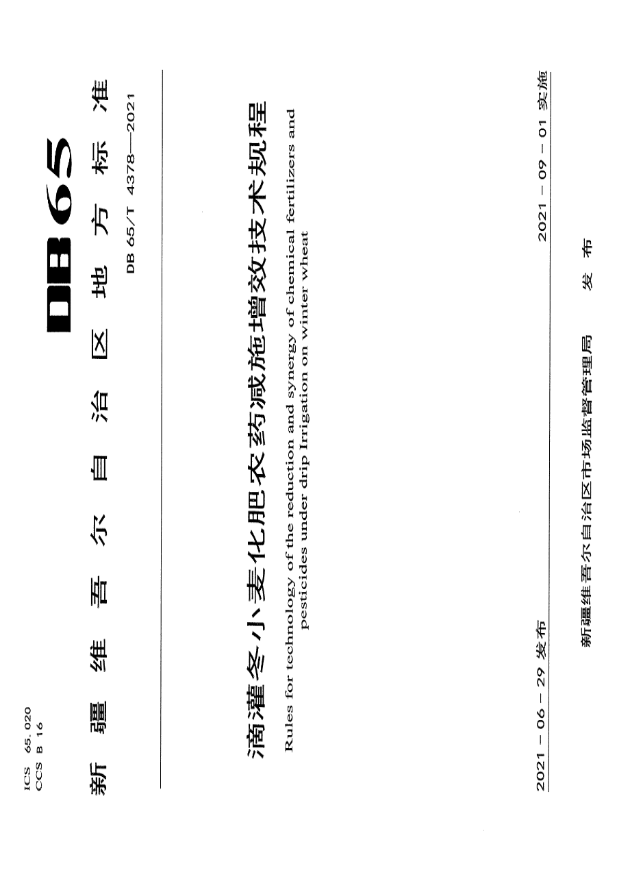 DB65T 4378-2021滴灌冬小麦化肥农药减施增效技术规程.pdf_第1页