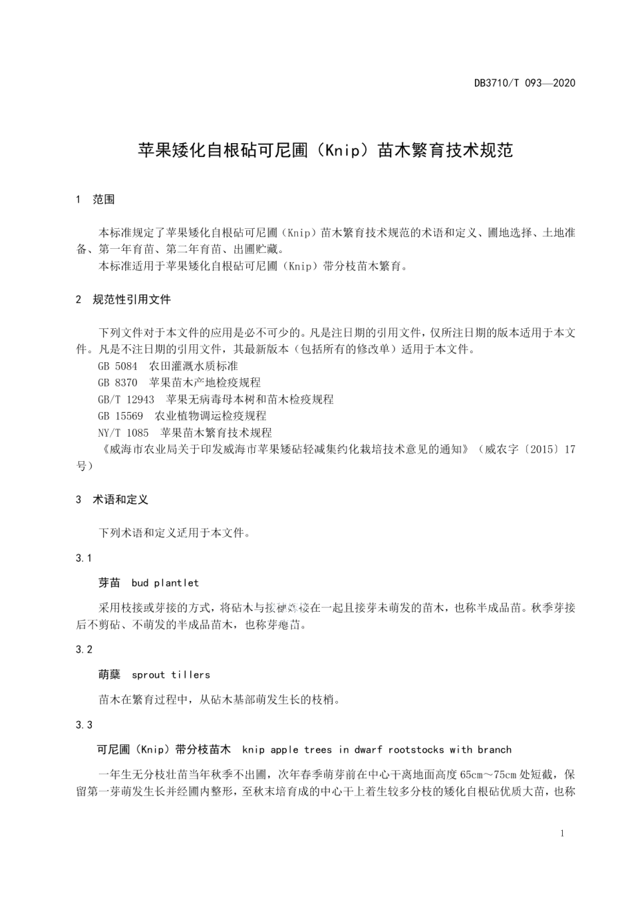 DB3710T 093-2020苹果矮化自根砧可尼圃（Knip）苗木繁育技术规范.pdf_第3页