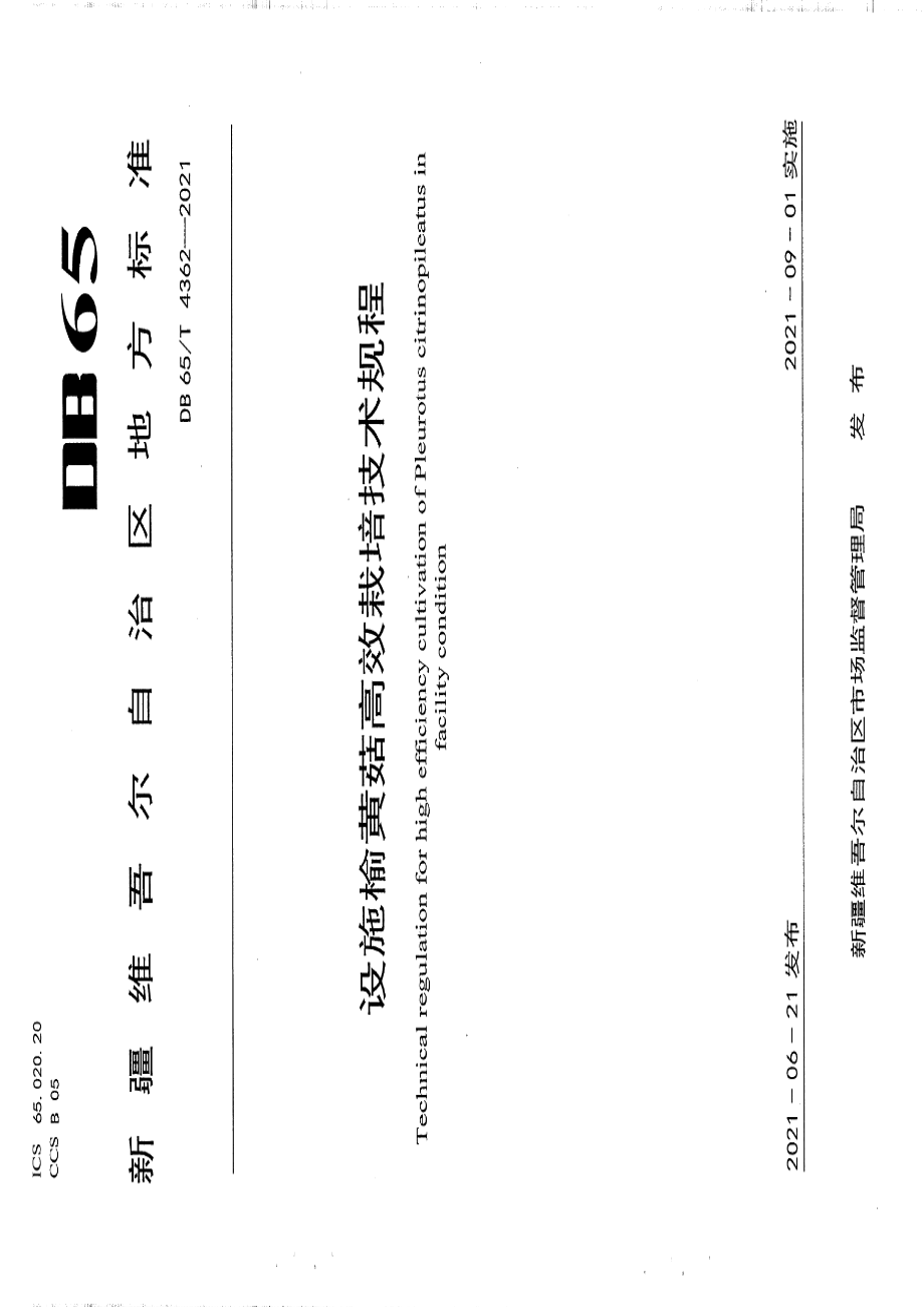 DB65T 4362-2021设施榆黄菇高效栽培技术规程.pdf_第1页