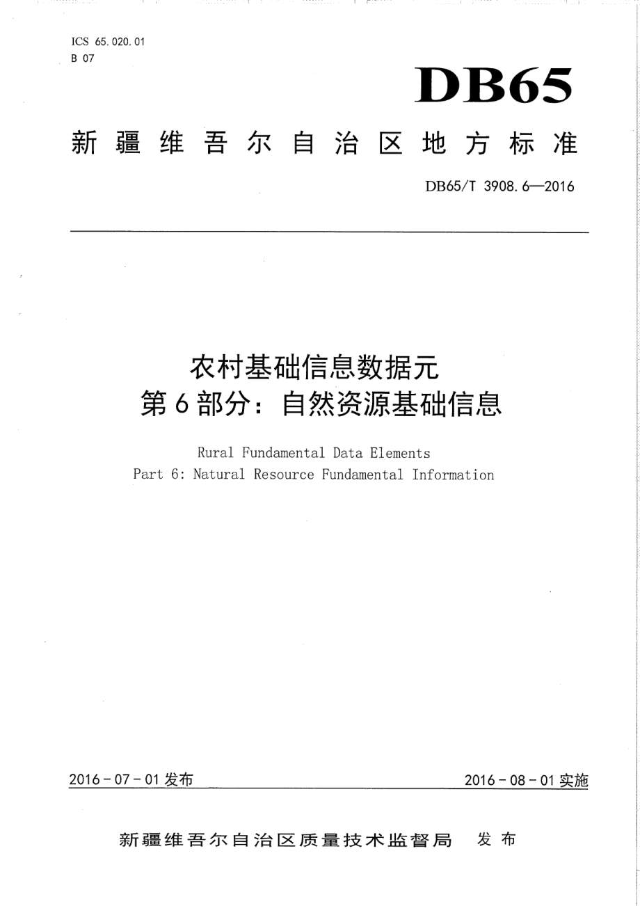 DB65T 3908.6-2016农村基础信息数据元 第6部分：自然资源基础信息.pdf_第1页