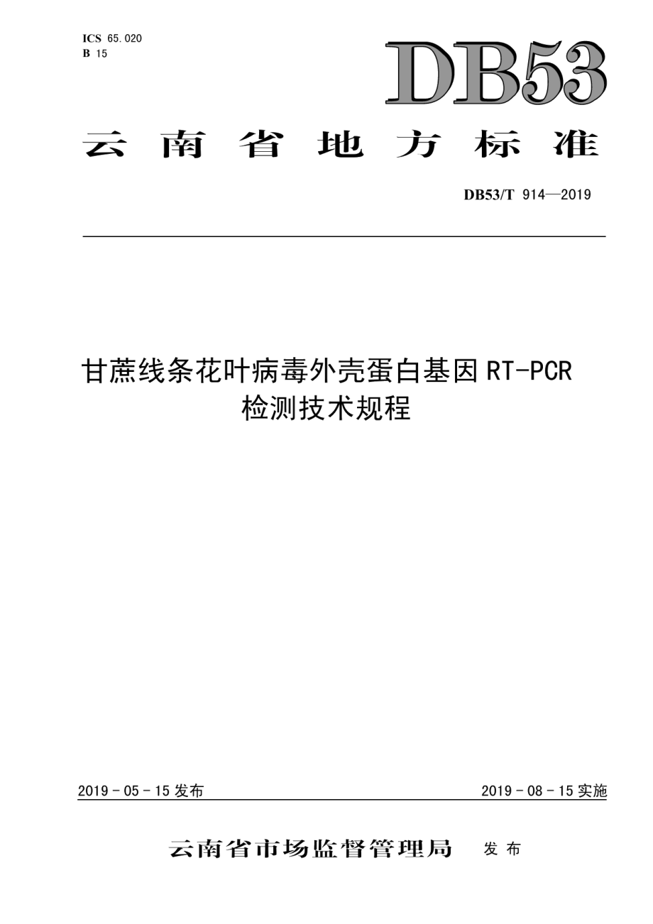 DB53T 914-2019甘蔗线条花叶病毒外壳蛋白基因RT-PCR检测技术规程.pdf_第1页