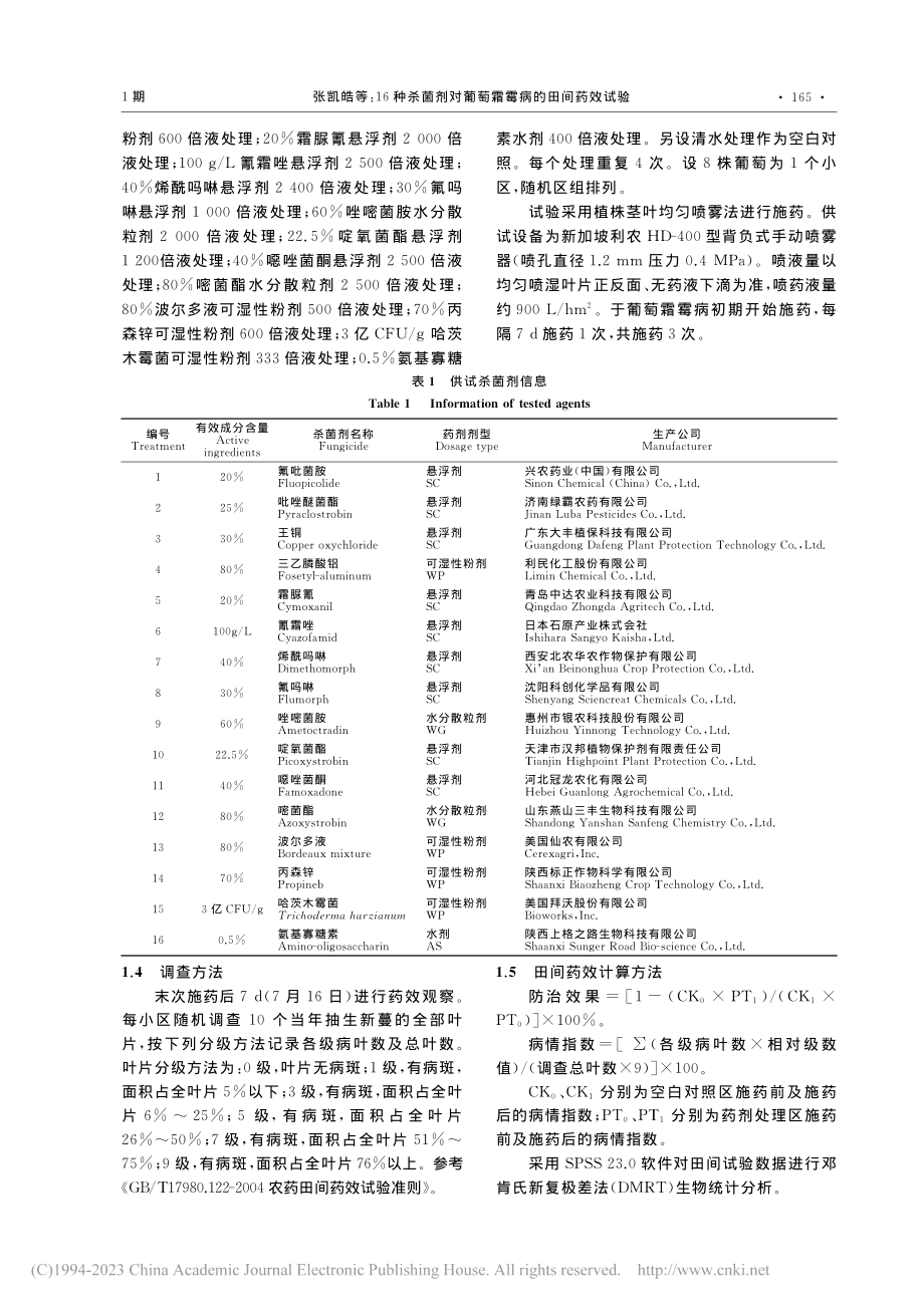 16种杀菌剂对葡萄霜霉病的田间药效试验_张凯皓.pdf_第2页