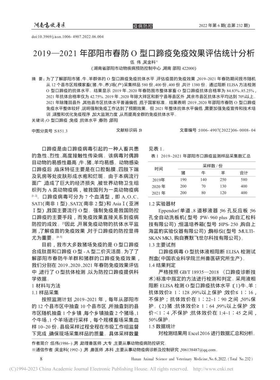 2019—2021年邵阳市...口蹄疫免疫效果评估统计分析_伍伟.pdf_第1页