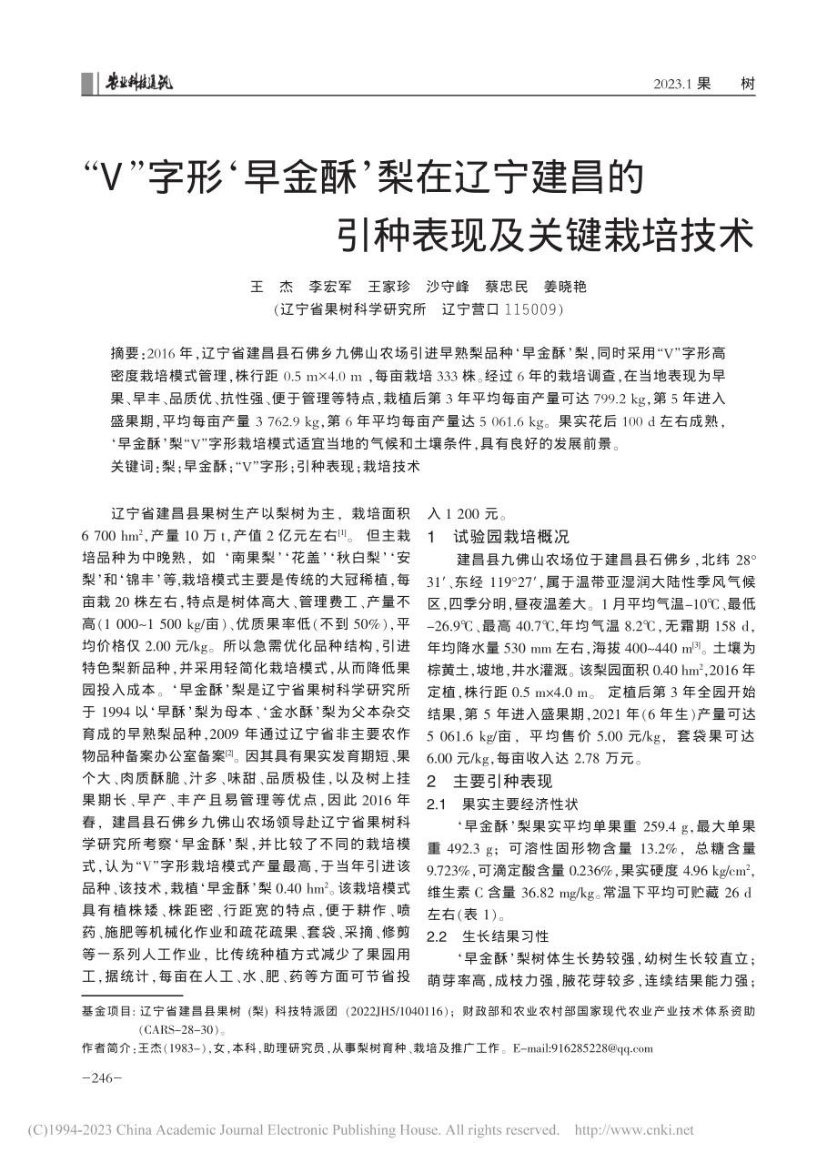 “V”字形‘早金酥’梨在辽...昌的引种表现及关键栽培技术_王杰.pdf_第1页