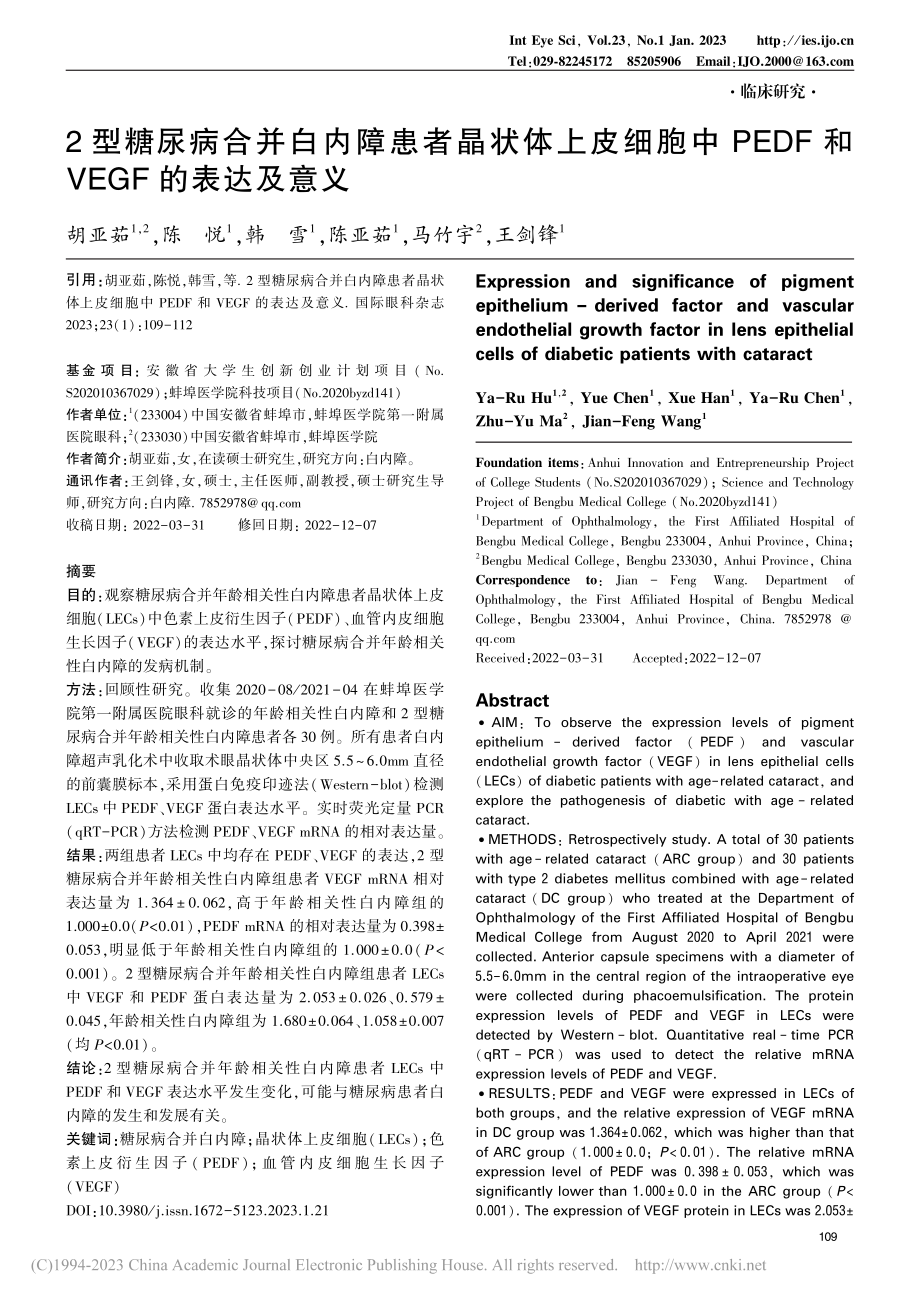 2型糖尿病合并白内障患者晶...DF和VEGF的表达及意义_胡亚茹.pdf_第1页