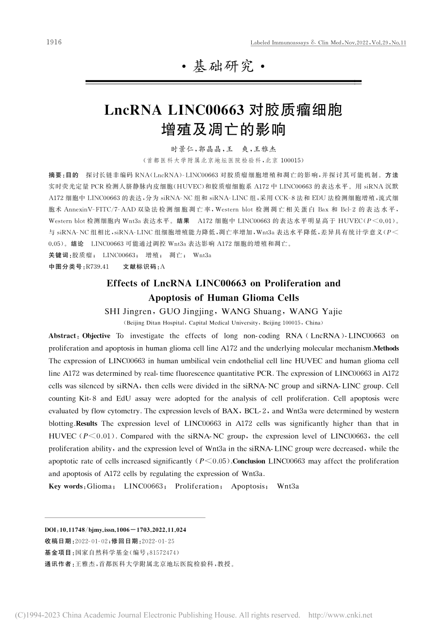 LncRNA_LINC00...胶质瘤细胞增殖及凋亡的影响_时景仁.pdf_第1页