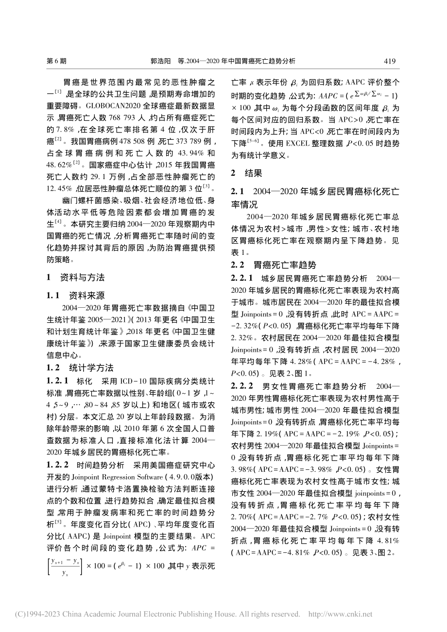 2004—2020年中国胃癌死亡趋势分析_郭浩阳.pdf_第2页