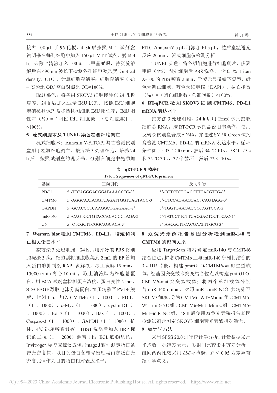 miR-140抑制卵巢癌细...亡及靶向抑制CMTM6表达_杨俊.pdf_第3页