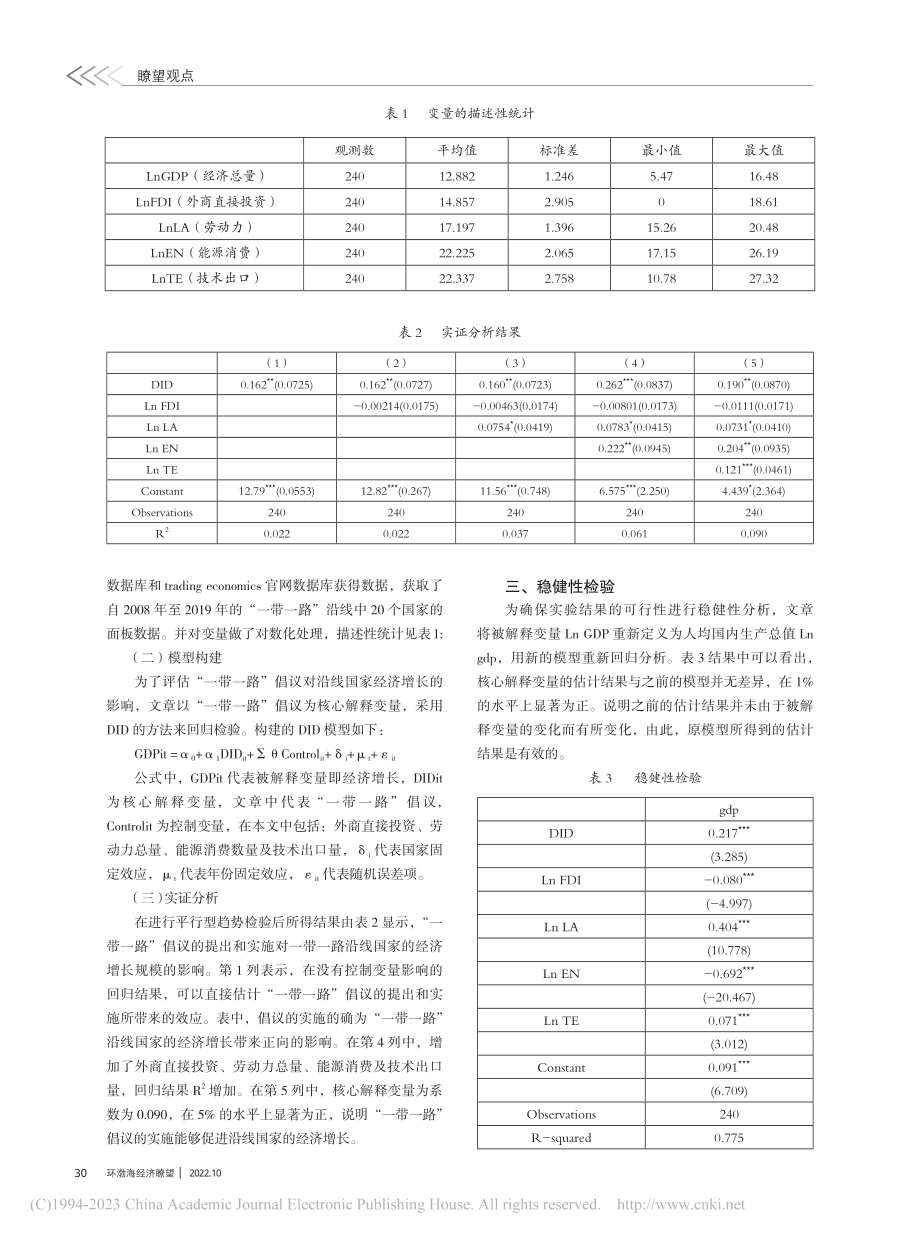 “一带一路”倡议对沿线国家...研究——基于双重差分的分析_王小禹.pdf_第2页