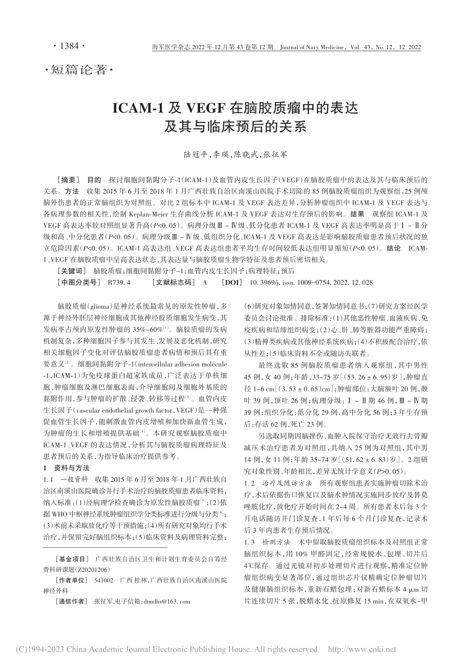 ICAM-1及VEGF在脑...的表达及其与临床预后的关系_陆冠平.pdf_第1页