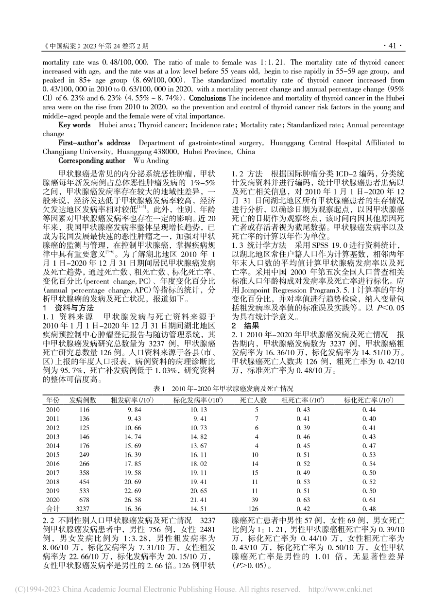 2010年-2020年湖北...甲状腺癌发病及死亡趋势分析_余洁.pdf_第2页