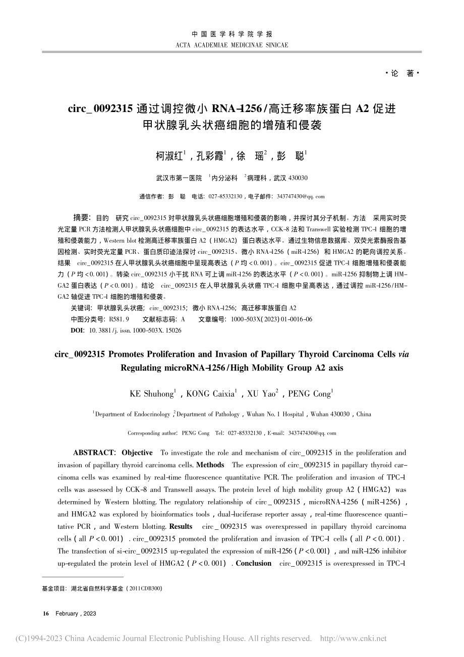 circ＿0092315通...腺乳头状癌细胞的增殖和侵袭_柯淑红.pdf_第1页