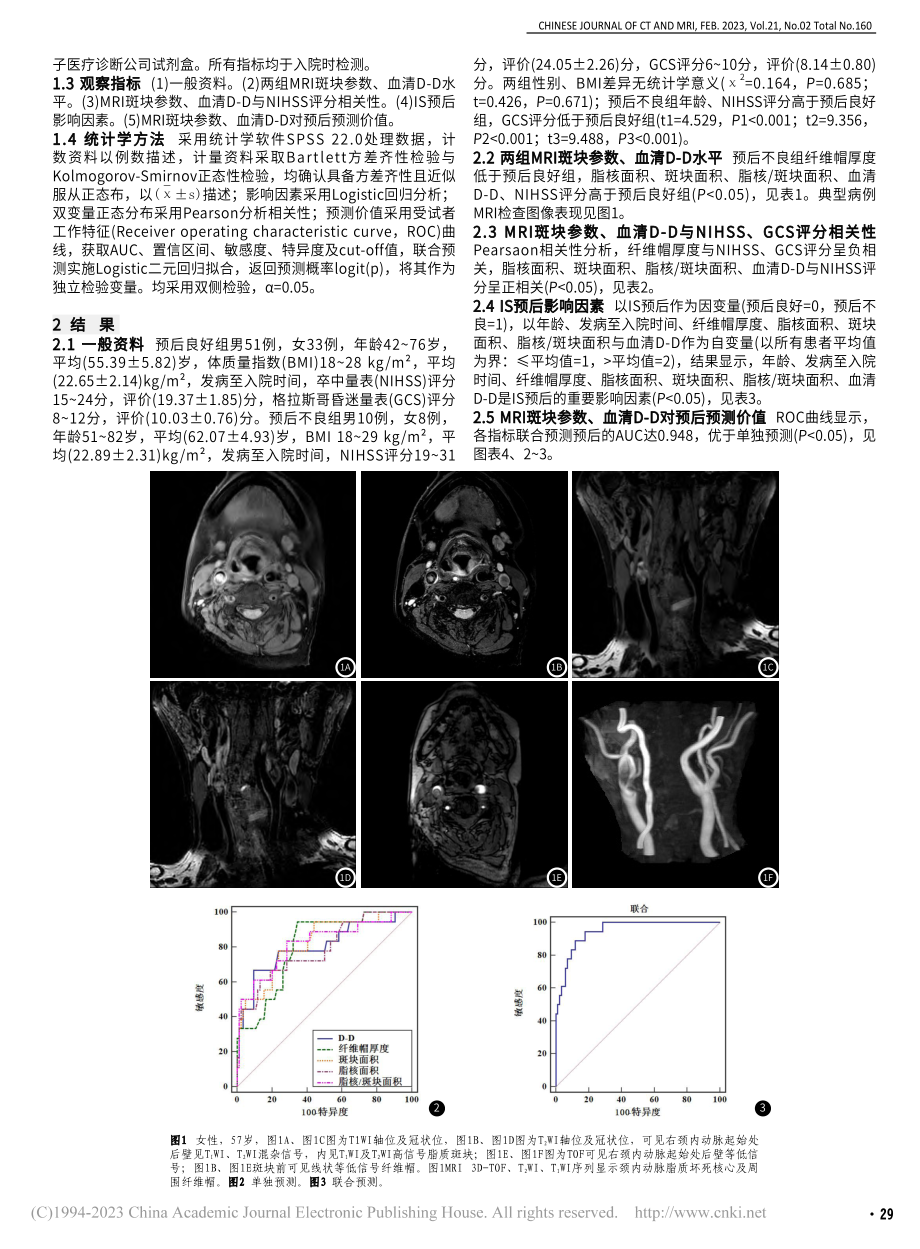 MRI斑块参数联合血清D-...卒中预后预测价值及临床意义_褚长虹.pdf_第2页