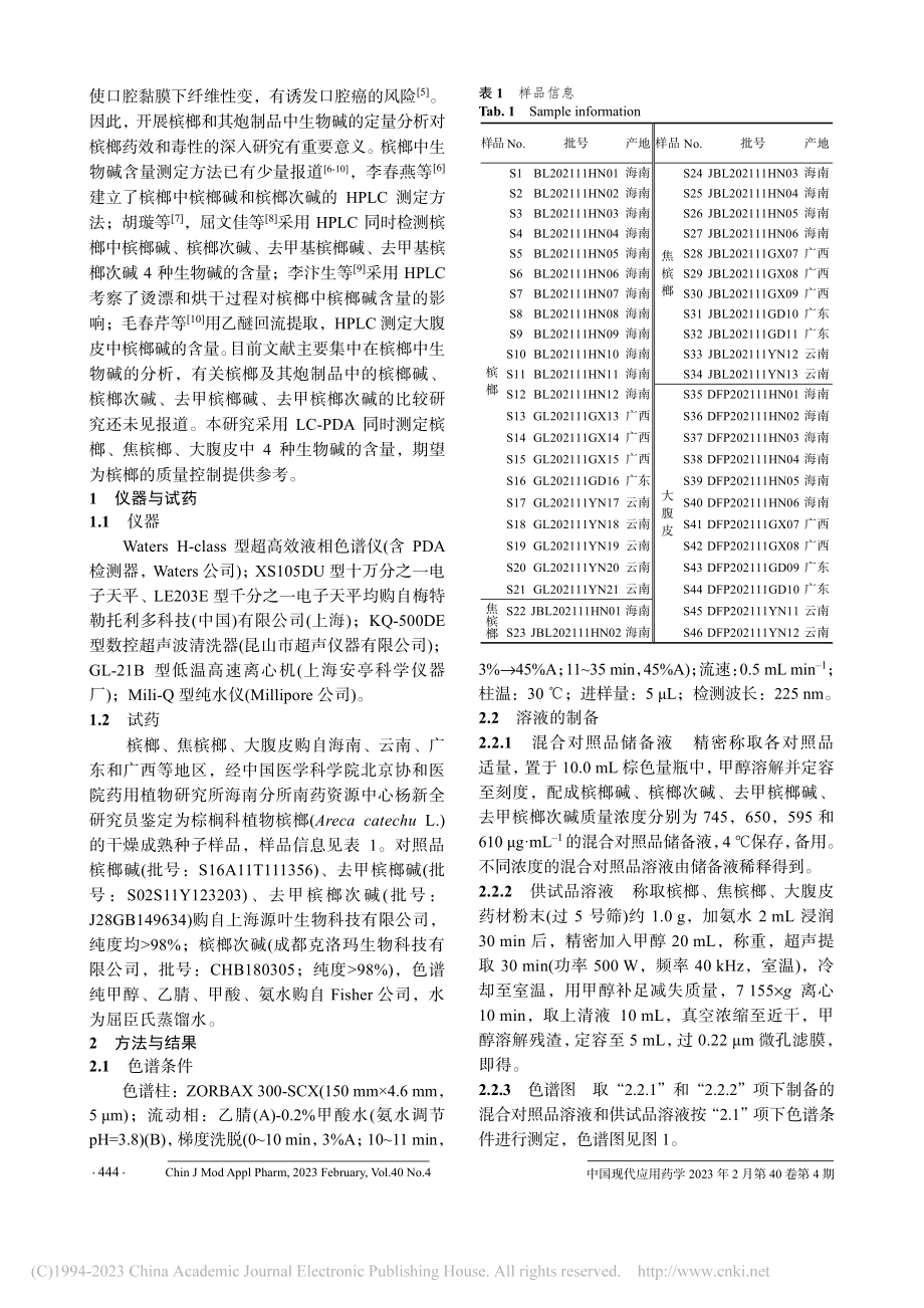 LC-PDA测定槟榔、焦槟...、大腹皮中4种生物碱的含量_侯倩煜.pdf_第2页