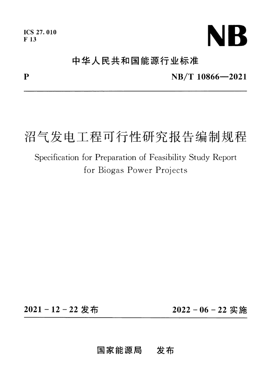 NB∕T 10866-2021 沼气发电工程可行性研究报告编制规程.pdf_第1页