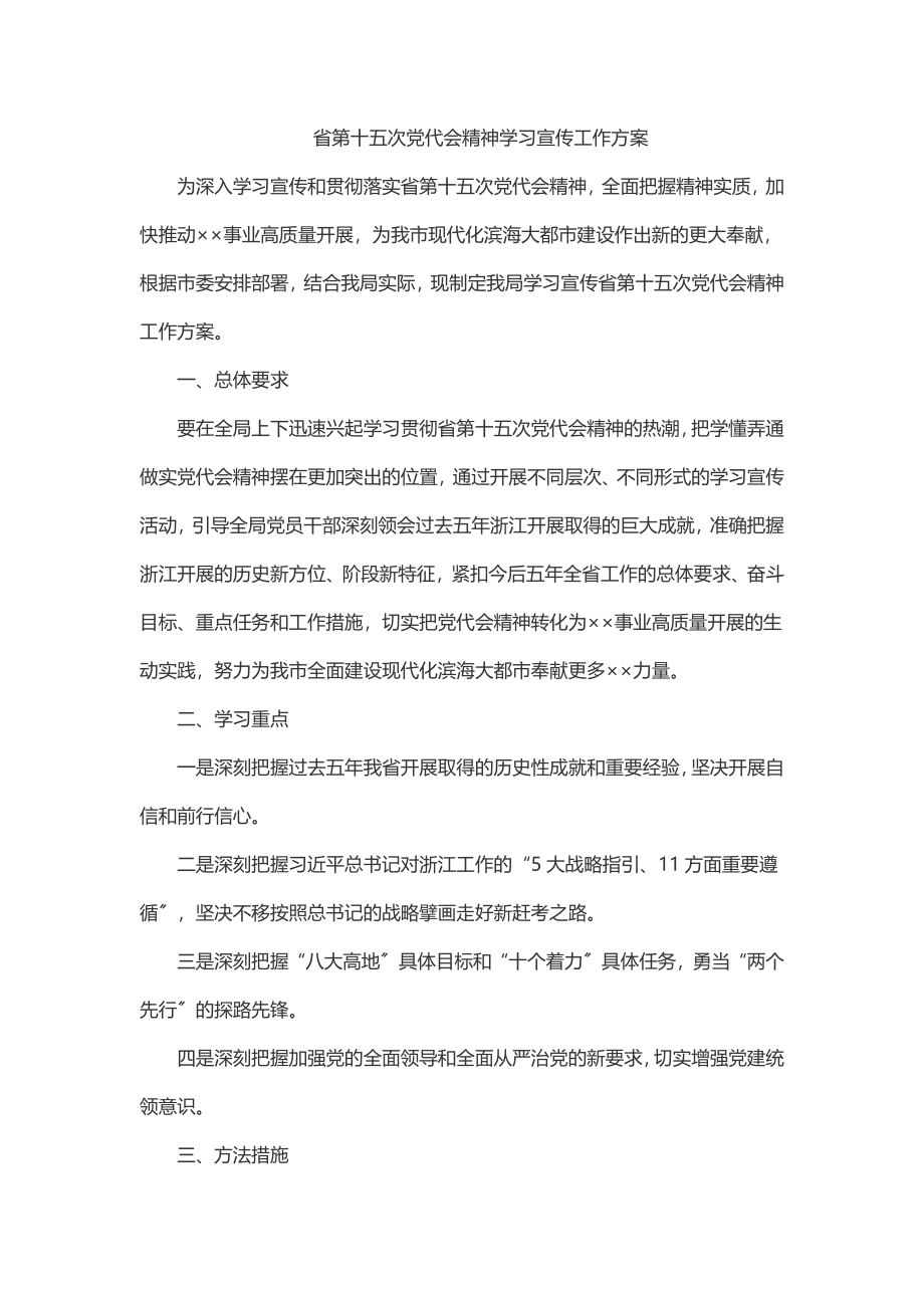 省第十五次党代会精神学习宣传工作方案.docx_第1页