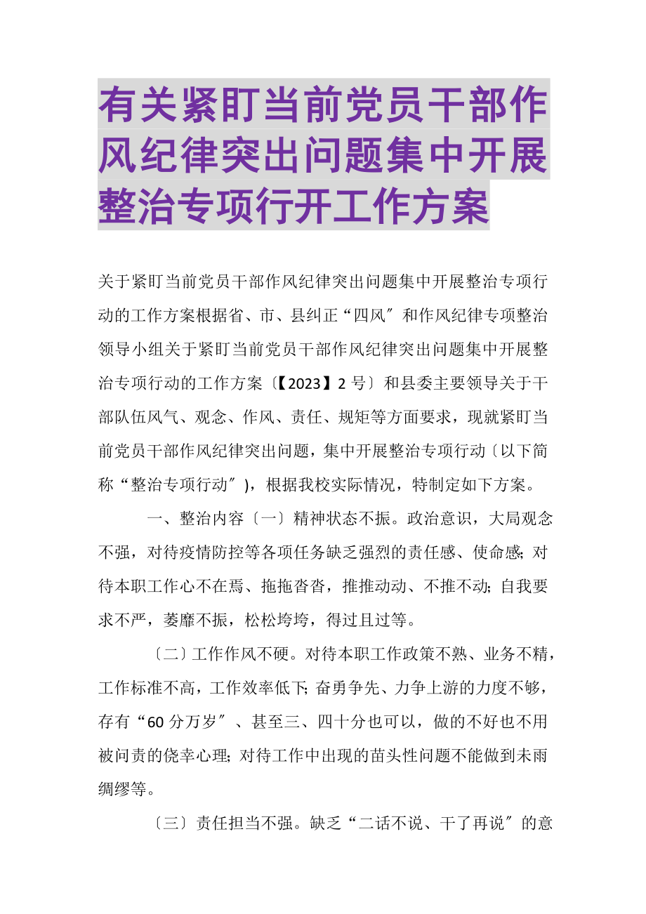 2023年有关紧盯当前党员干部作风纪律突出问题集中开展整治专项行动工作方案.doc_第1页