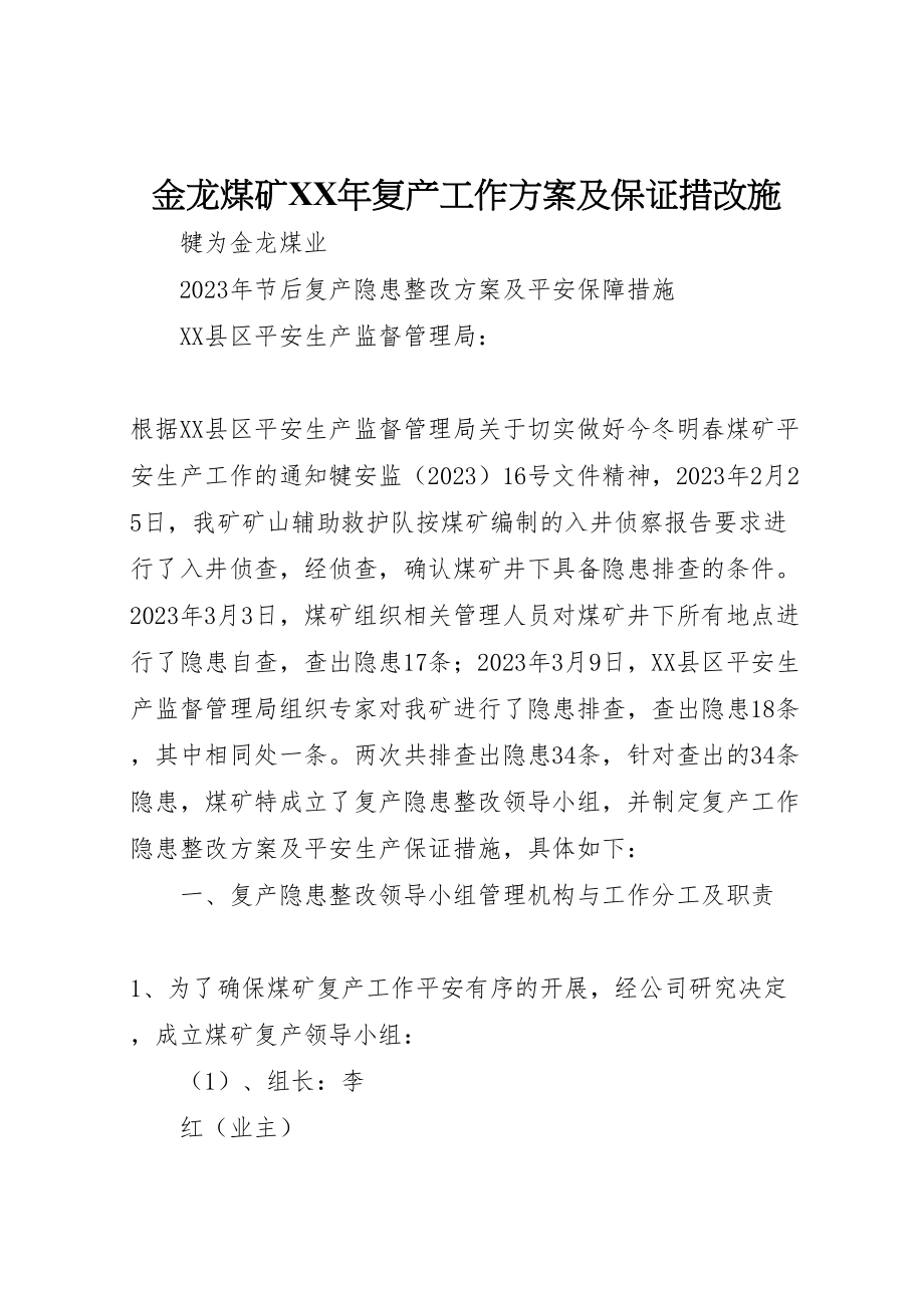 2023年金龙煤矿复产工作方案及保证措改施.doc_第1页