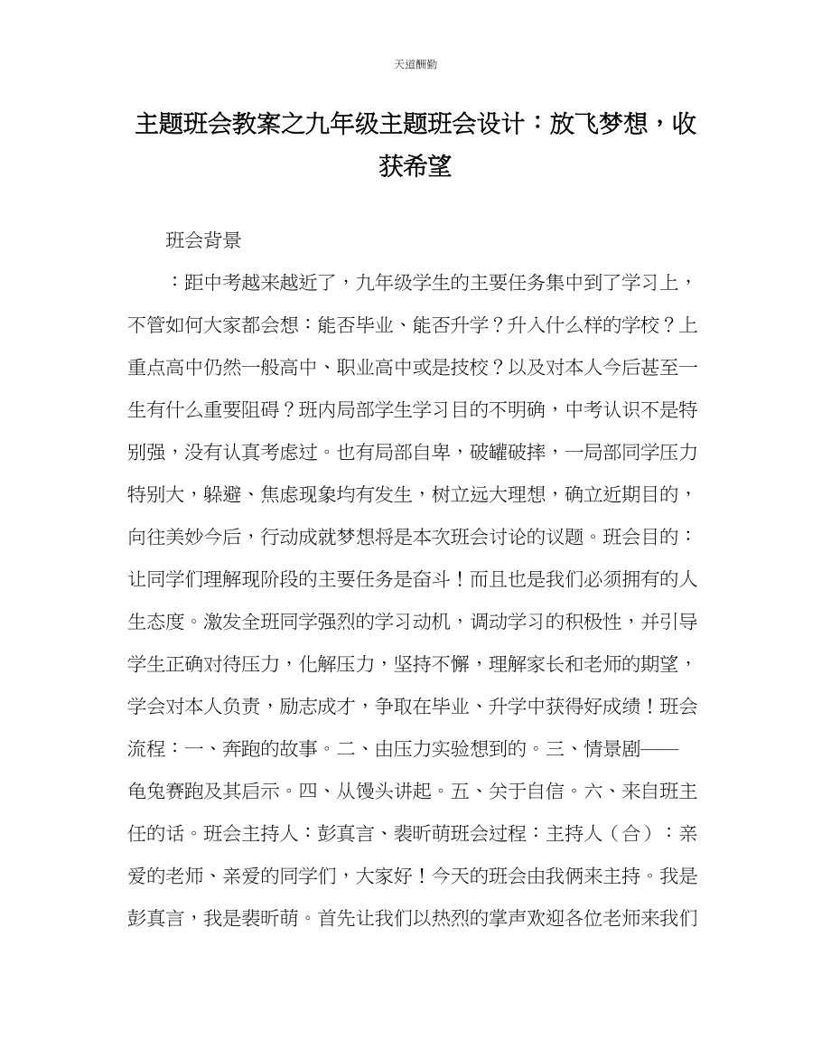 2023年主题班会教案九级主题班会设计放飞梦想收获希望.docx_第1页