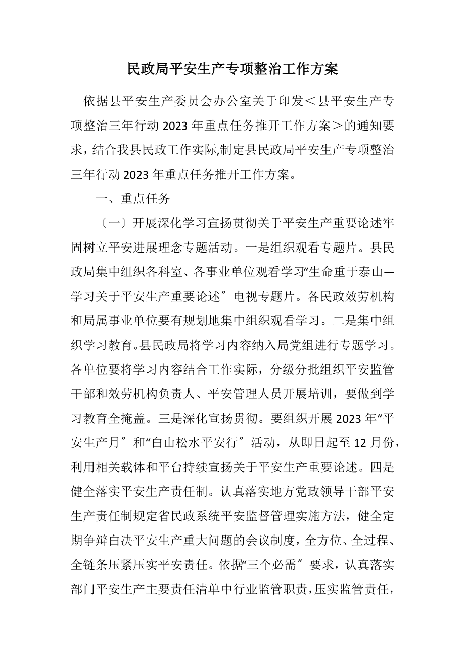 2023年民政局安全生产专项整治工作方案.docx_第1页