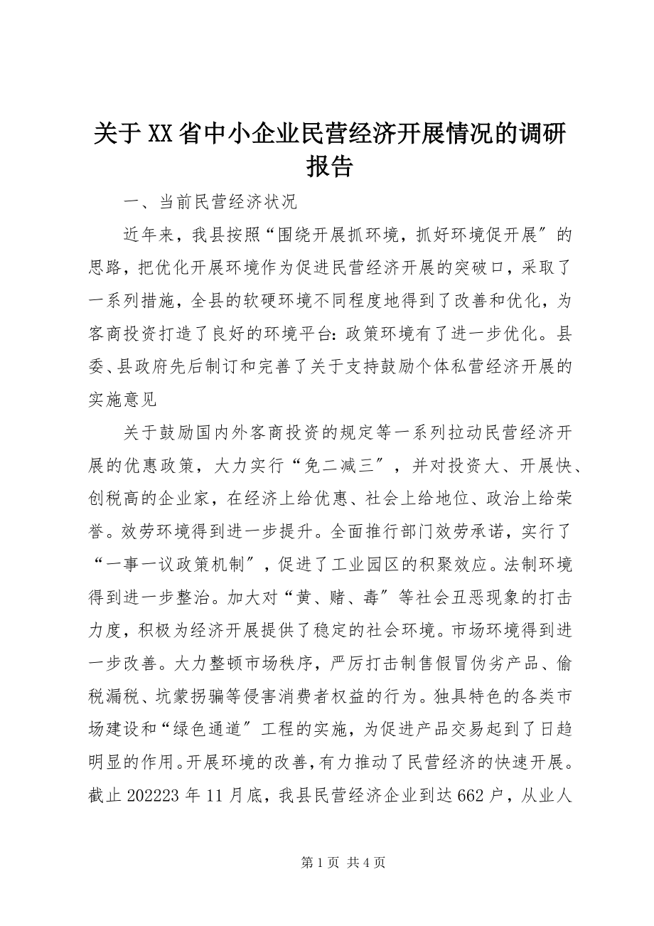 2023年XX省中小企业民营经济发展情况的调研报告.docx_第1页