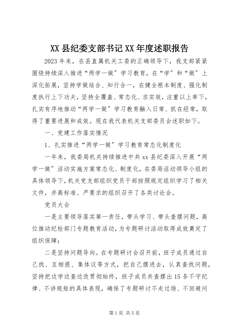 2023年XX县纪委支部书记度述职报告新编.docx_第1页