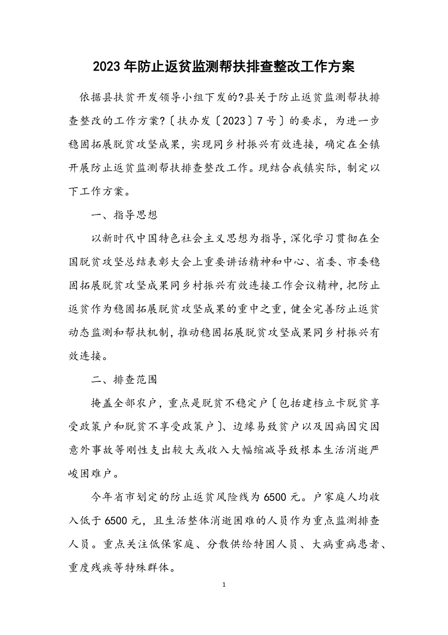 2023年防止返贫监测帮扶排查整改工作方案.docx_第1页