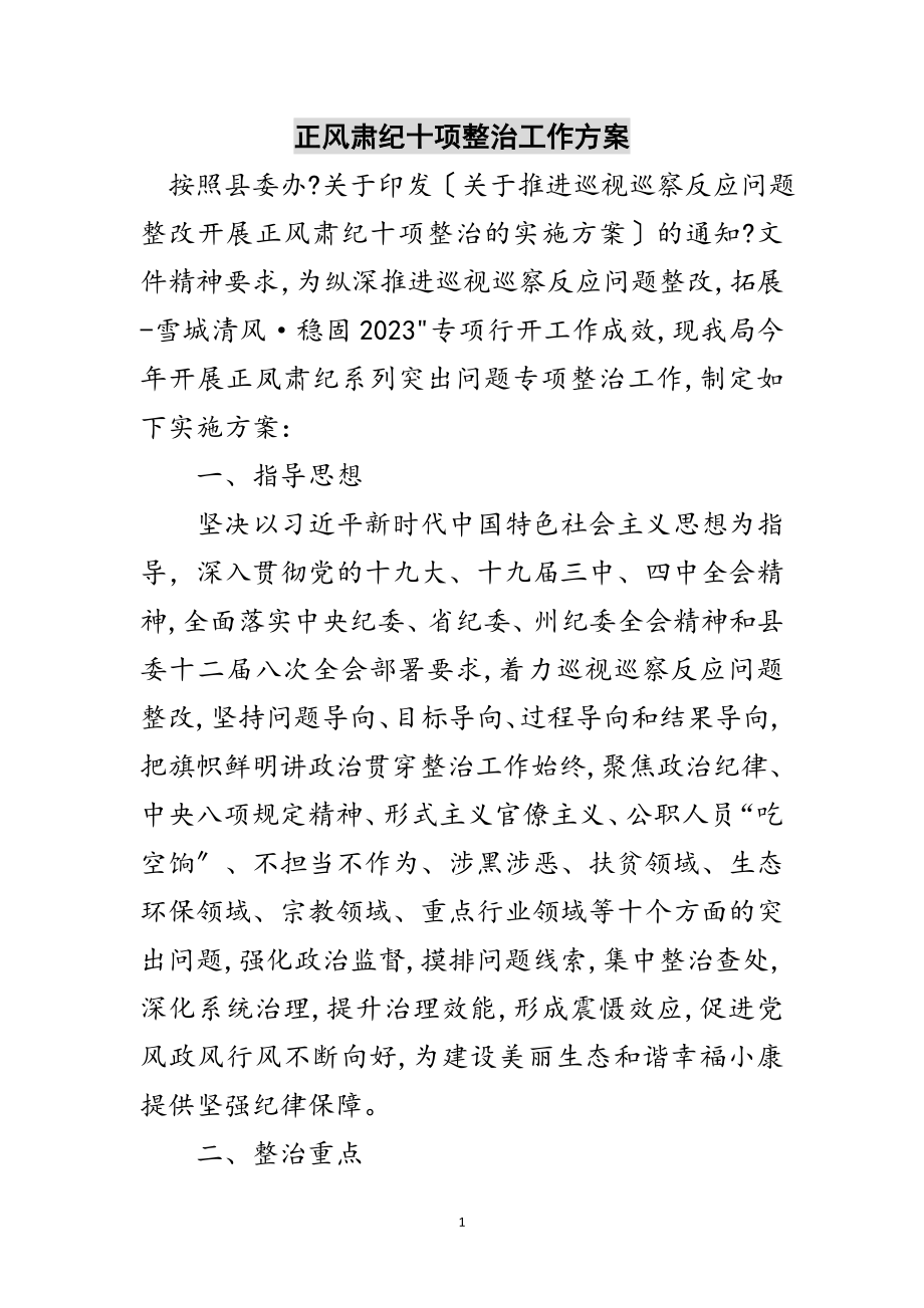 2023年正风肃纪十项整治工作方案范文.doc_第1页