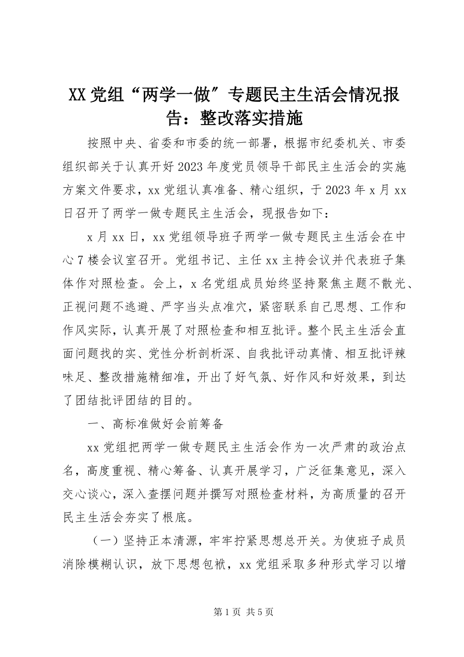 2023年XX党组两学一做专题民主生活会情况报告整改落实措施.docx_第1页