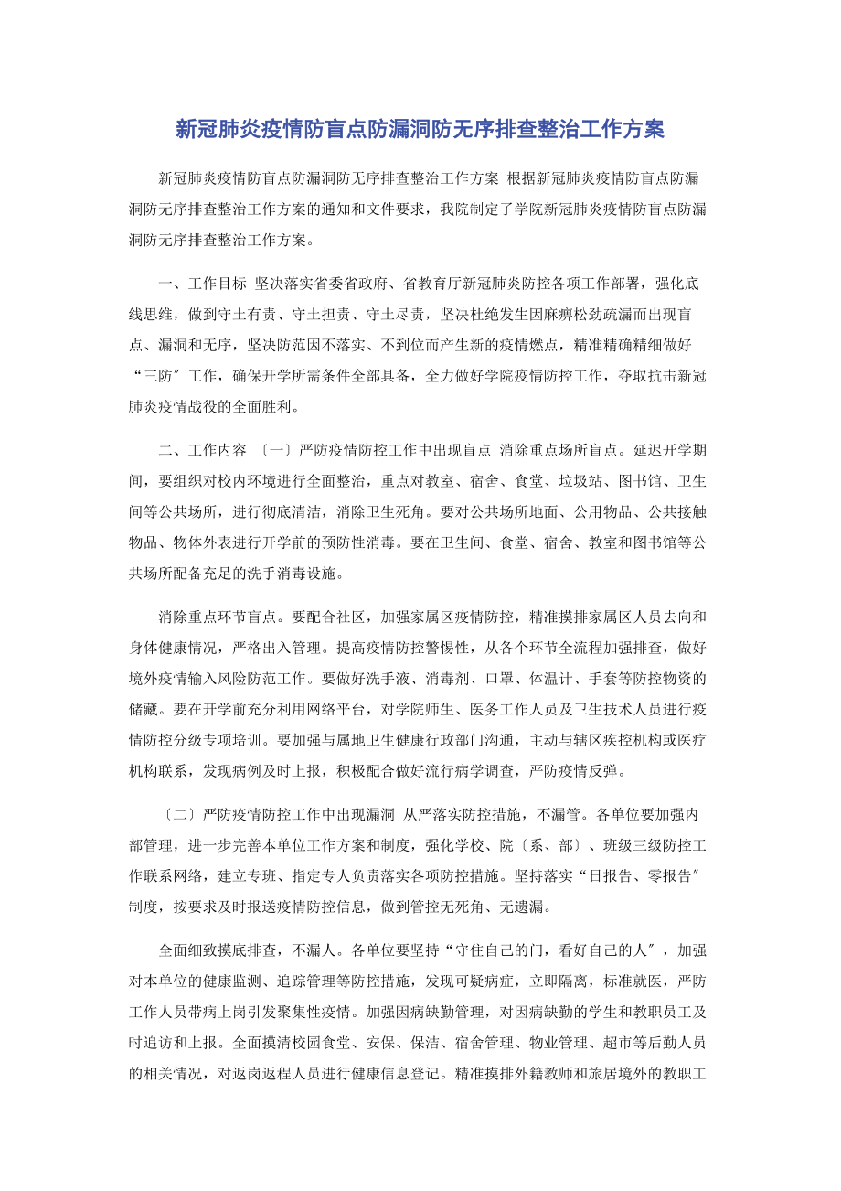 2023年新冠肺炎疫情防盲点防漏洞防无序排查整治工作方案.docx_第1页