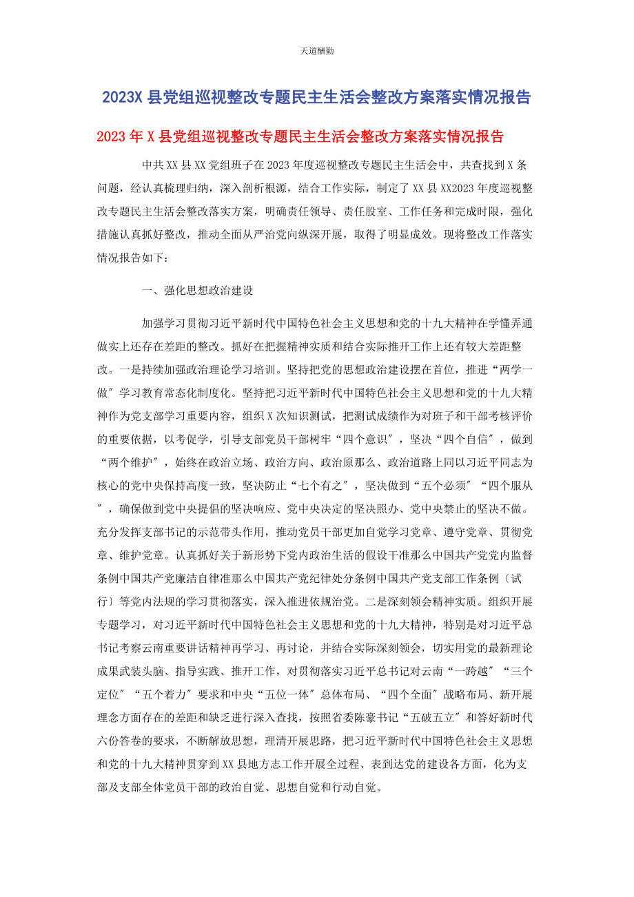 2023年x县党组巡视整改专题民主生活会整改方案落实情况报告.docx_第1页