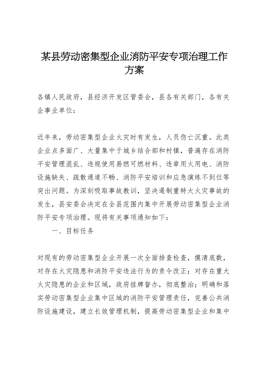 2023年某县劳动密集型企业消防安全专项治理工作方案.doc_第1页