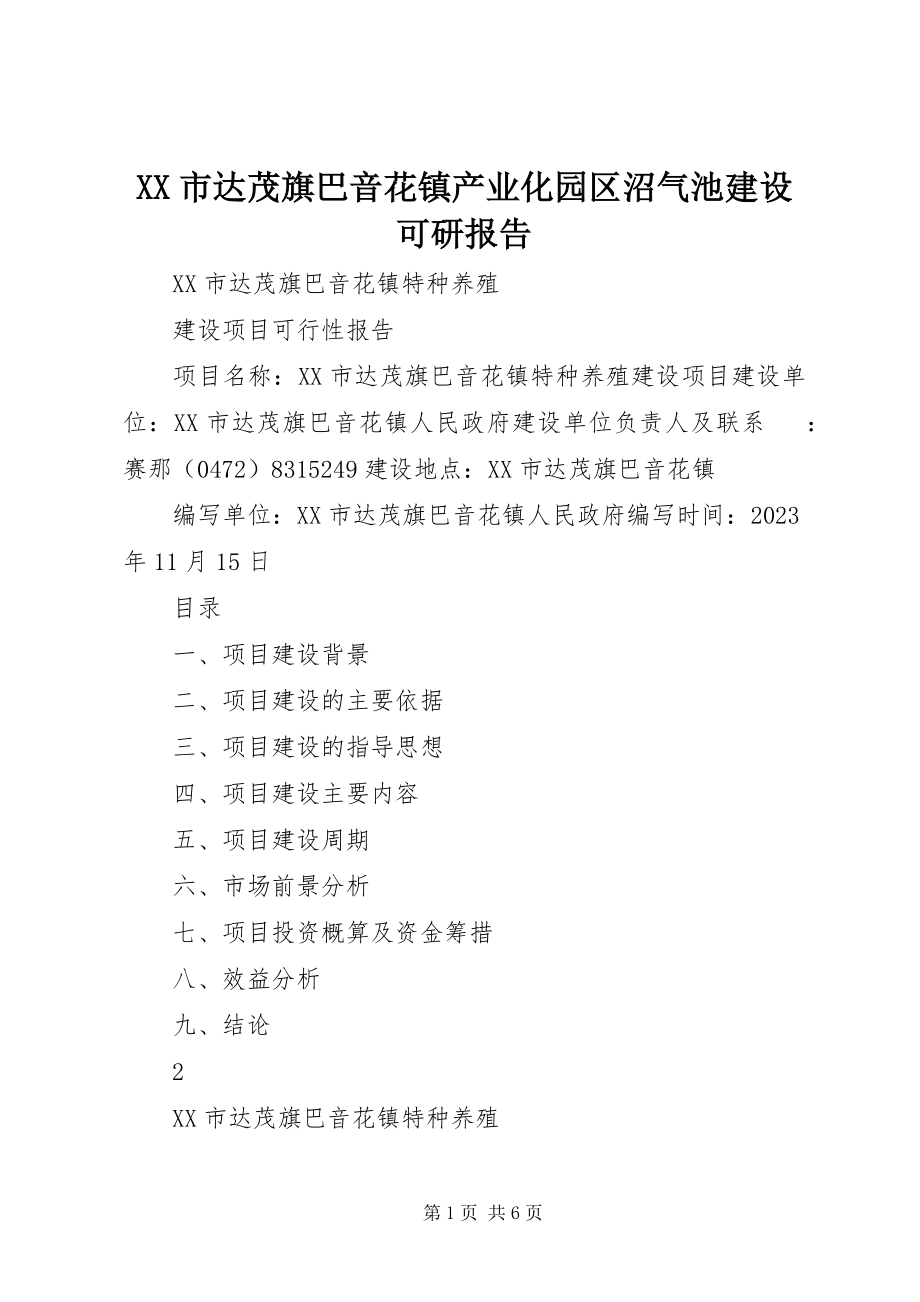 2023年XX市达茂旗巴音花镇产业化园区沼气池建设可研报告.docx_第1页