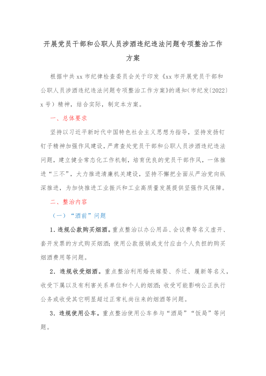 开展党员干部和公职人员涉酒违纪违法问题专项整治工作方案.docx_第1页