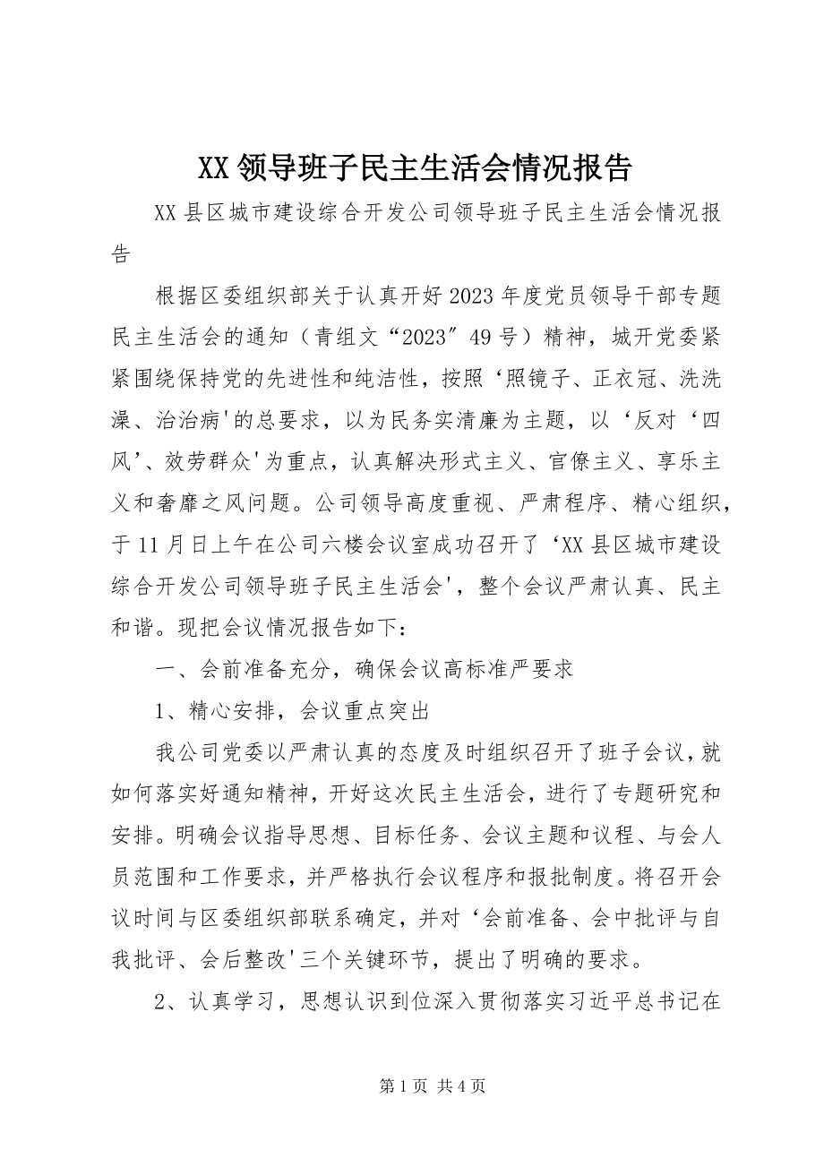 2023年XX领导班子民主生活会情况报告新编.docx_第1页