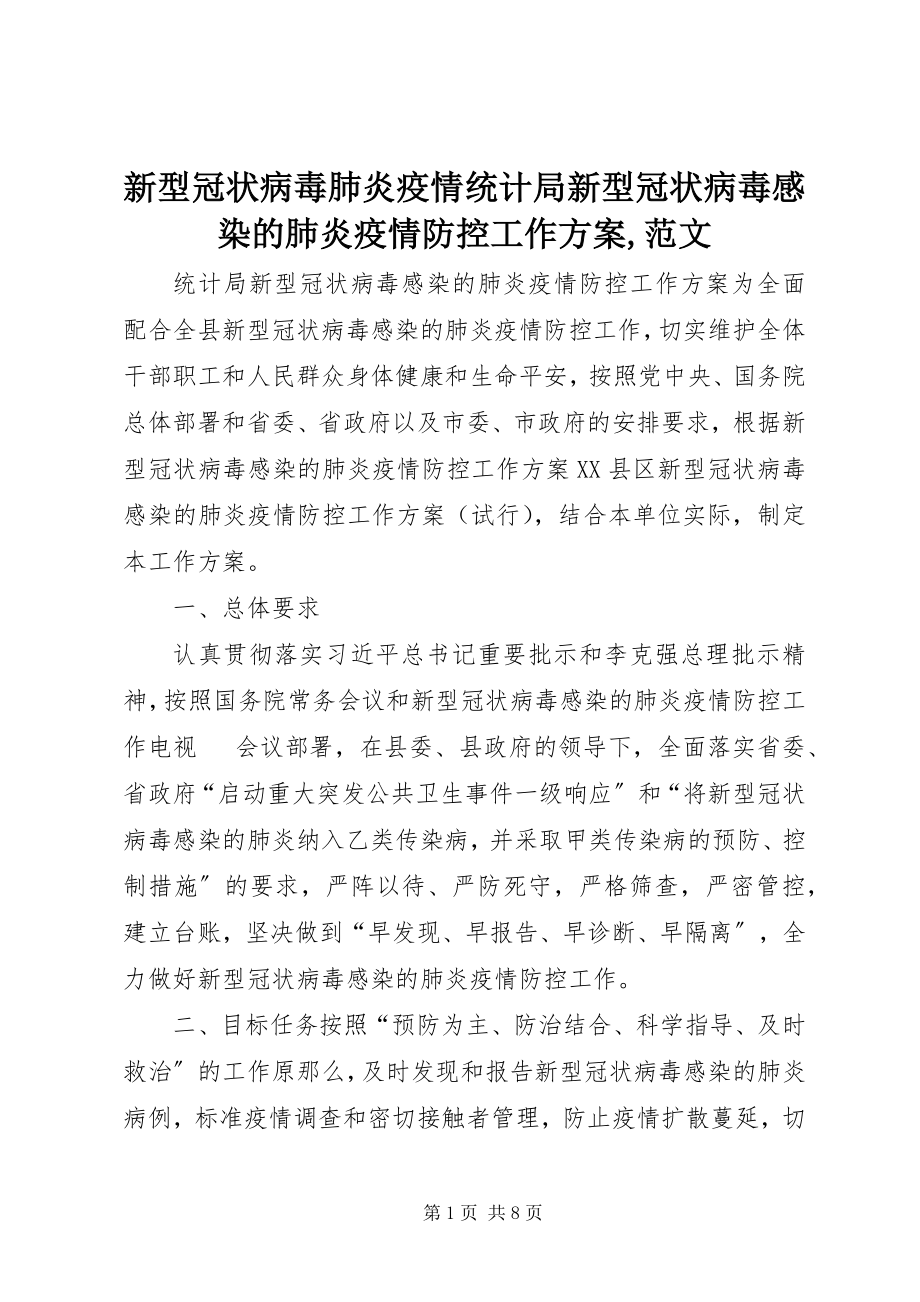 2023年新型冠状病毒肺炎疫情统计局新型冠状病毒感染的肺炎疫情防控工作方案.docx_第1页