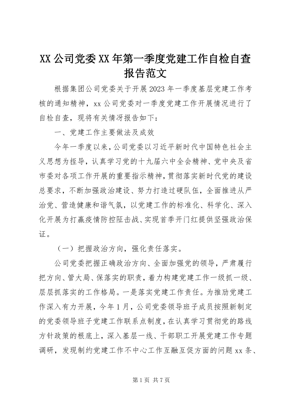 2023年XX公司党委第一季度党建工作自检自查报告范文.docx_第1页