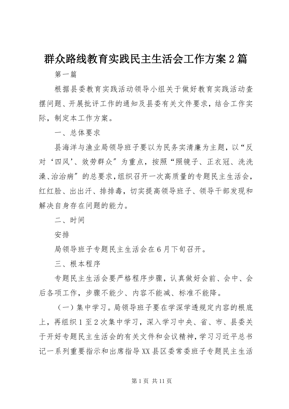 2023年群众路线教育实践民主生活会工作方案2篇.docx_第1页